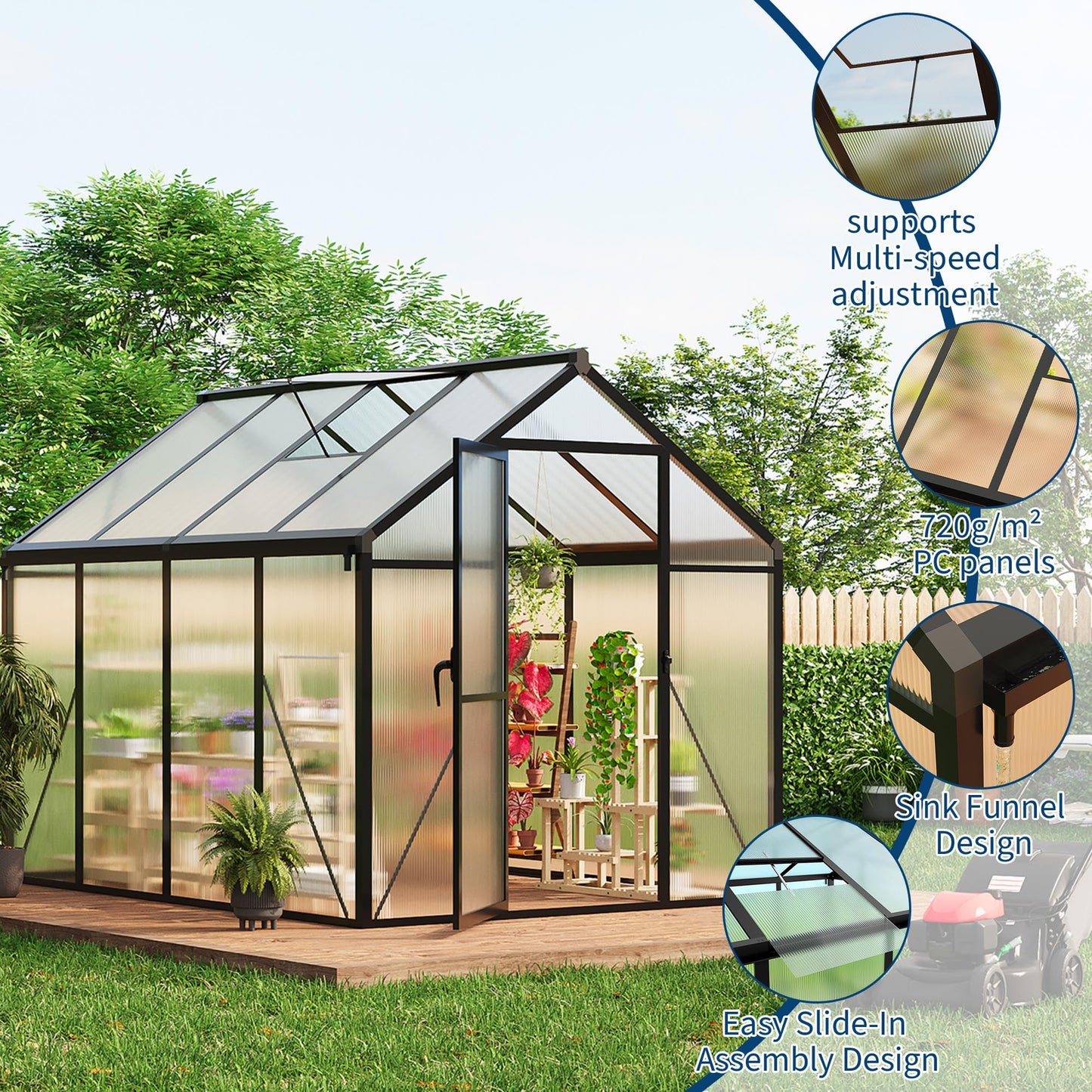 6 X 8 FT Greenhouse, Outdoor Greenhouses, Polycarbonate Panels with Aluminum Frame, Adjustable Roof Vent and Lockable Door, Green Houses for Outside Backyard, Garden, Patio