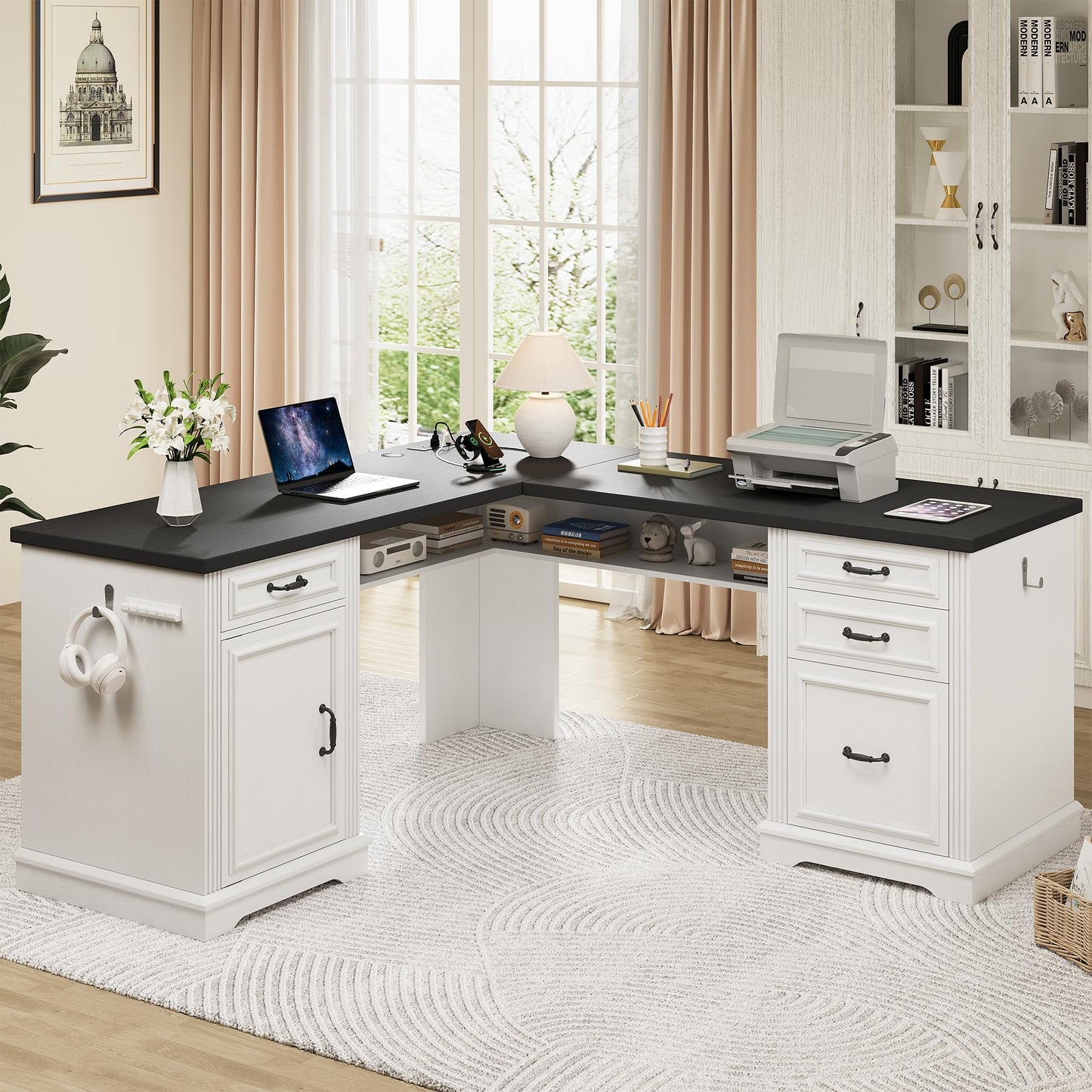 Farmhouse L Shaped Executive Desk with 4 Drawers, Home Office Desk with Hidden Under-Desk Storage Shelf and Charging Station, File Cabinet Storage, Wood Corner Computer Desk for Work and Study, White