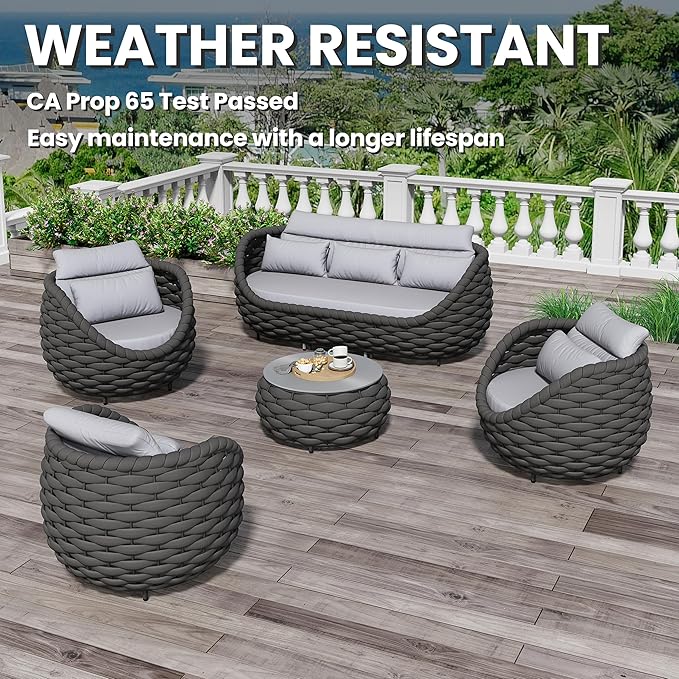 Erotr Aluminum Woven Rope Patio Furniture Set: 5 Pieces Assembled Outdoor Conversation Sofa Set for 6 - Modern Metal Couch Set Cushioned - All Weather Porch Seating for Deck Garden Lanai Hotel Resort