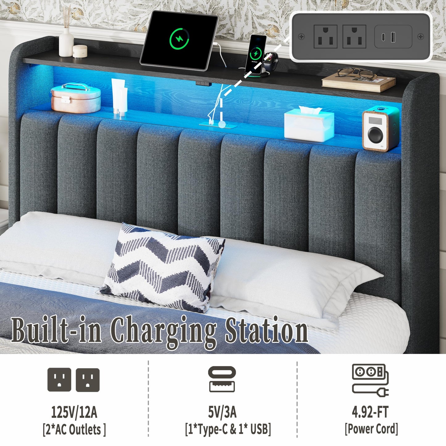 ChicZhiNest Queen Bed Frame with Storage Headboard & Charging Station, LED Light, 2 Storage Drawers & Cabinet, Upholstered Platform Bed with Sturdy Wooden Slats, Noise-Free, No Box Spring, Dark Grey