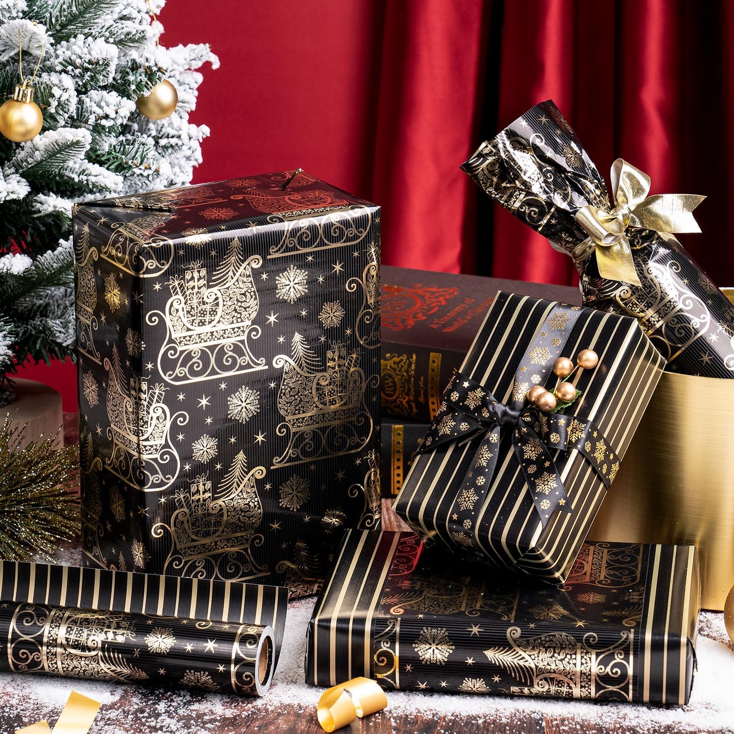 WRAPAHOLIC 30 Inch Jumbo Reversible Black and Gold Christmas Wrapping Paper - 30 Inch x 33 Feet - Black Gold Sleigh and Stripe Wrapping Paper with Metallic Foil for Christmas, Holiday, Party