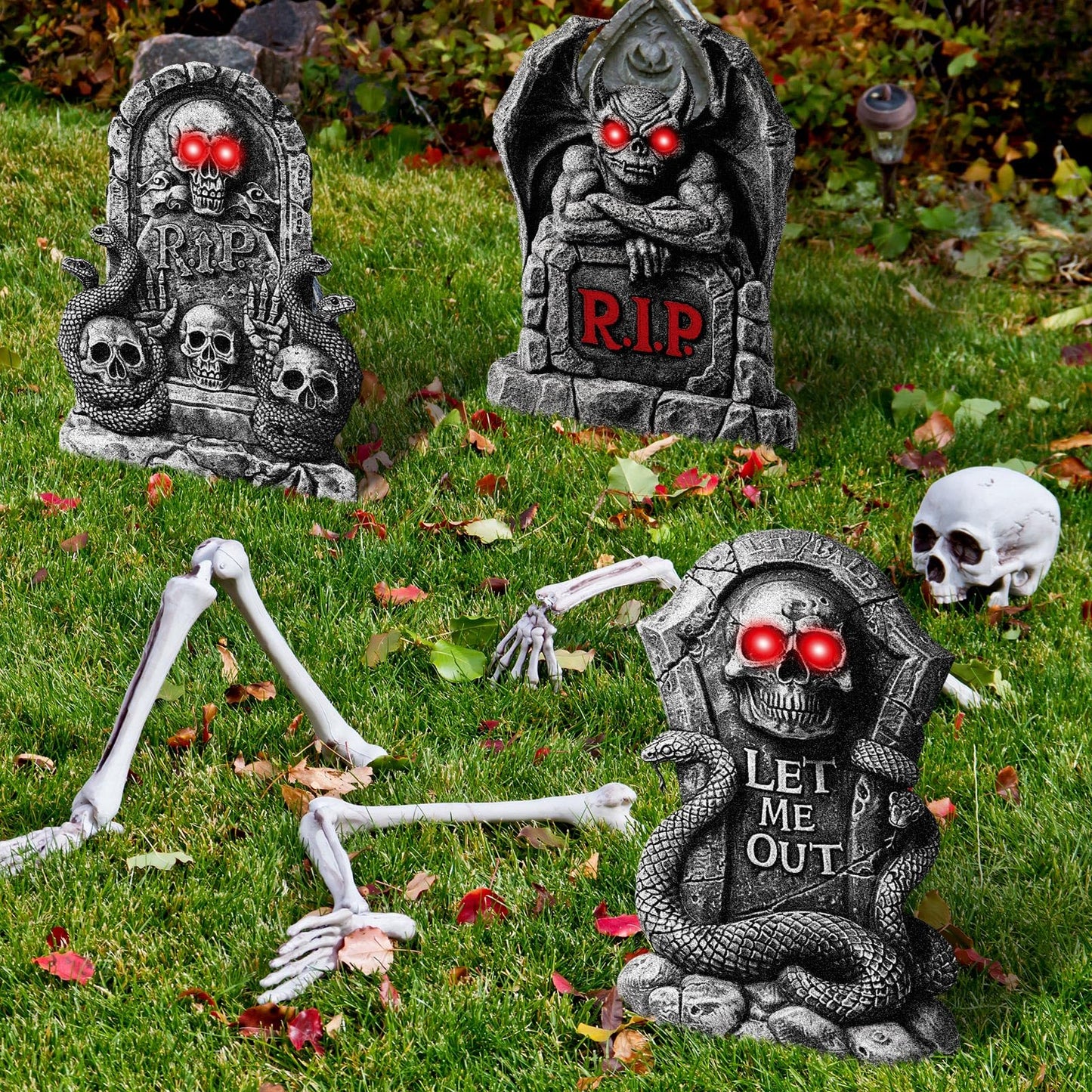 Memorywuu 8 Pcs 16" Halloween Tombstones Outdoor Decorations Gravestone Headstone Yard Signs with Stakes LED Eyes Scary Skeleton RIP Graveyard Cemetery Decor for Halloween Home Party Lawn Garden