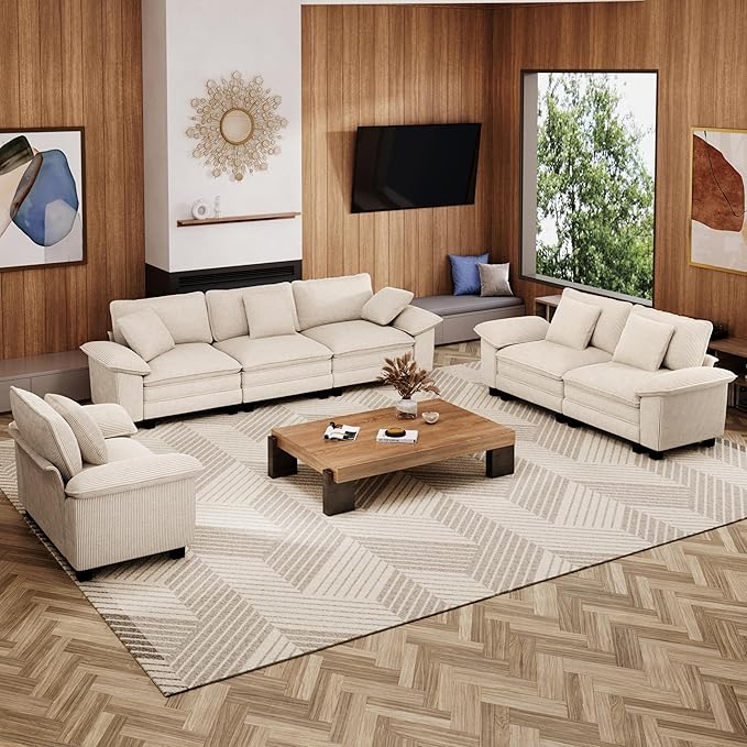MIXPATIO U-Shaped Cloud Modular Sofa Set, Deep Seat 3-Piece 6-Seater Sectional Couch & Removable Arms, Plush Corduroy for Living Room - Beige