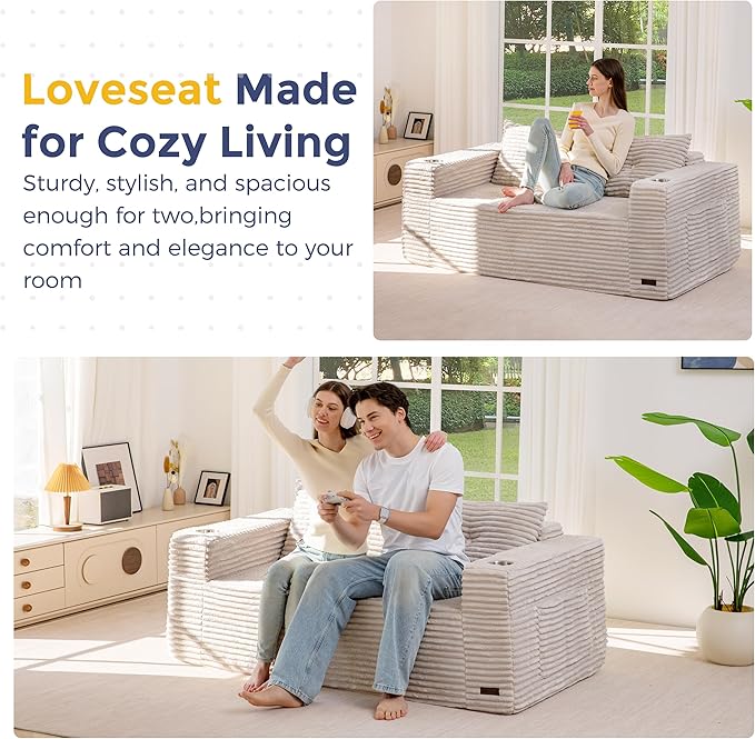 MAXYOYO 63" Boneless Loveseat Sofa Couch for Small Spaces, Mini Love Seat Floor Couch with Cup Holders and Pillows, 2-Seater Upholstered Cloud Couch for Bedroom Apartment, No Assembly Required