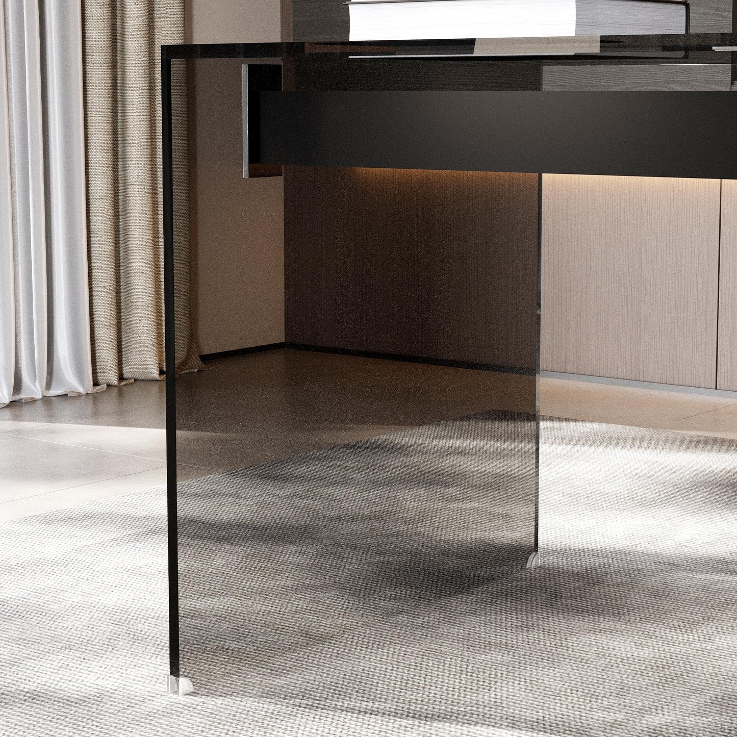 gaoyangjiaju Modern L-Shaped Glass Desk with Wooden Drawer – Black Tempered Glass Computer Desk with Storage for Home Office & Study