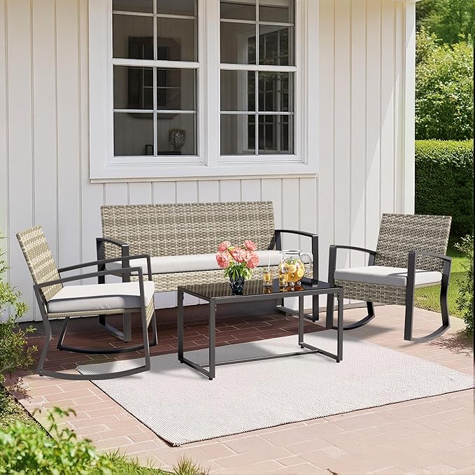Ahomly 4 Piece Patio Furniture Set, Outdoor Wicker Patio Furniture with Glass Coffee Table, Rocking Patio Wicker Bistro Set, for Porch, Garden, Lawn (Light Grey)