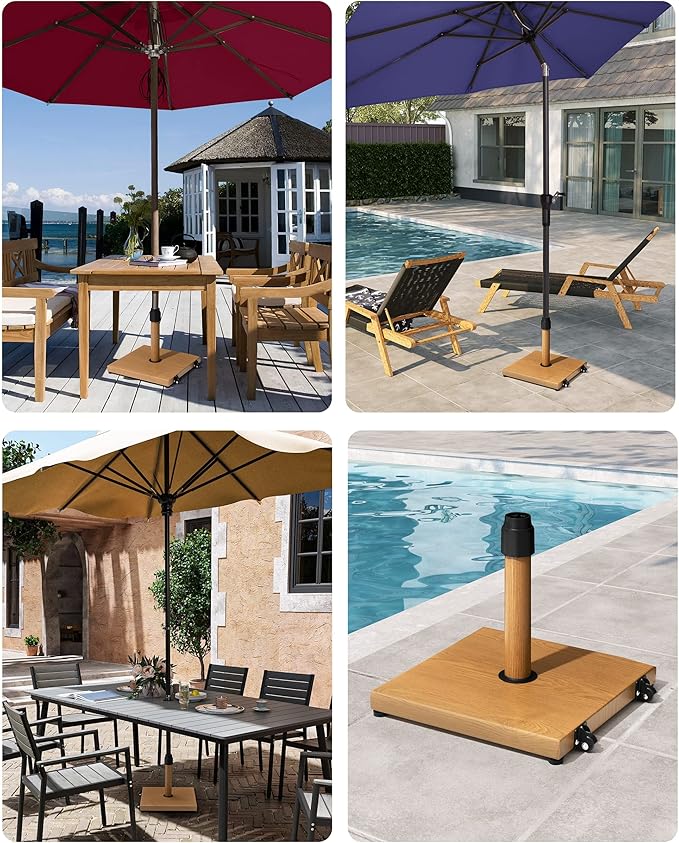JOINHOM 42lbs Patio Umbrella Base with Wheels - Heavy Duty Outdoor Patio Market Umbrella Stand for Deck, Poolside, Balcony, Wind-Resistant Design, Decorative Wood Pattern