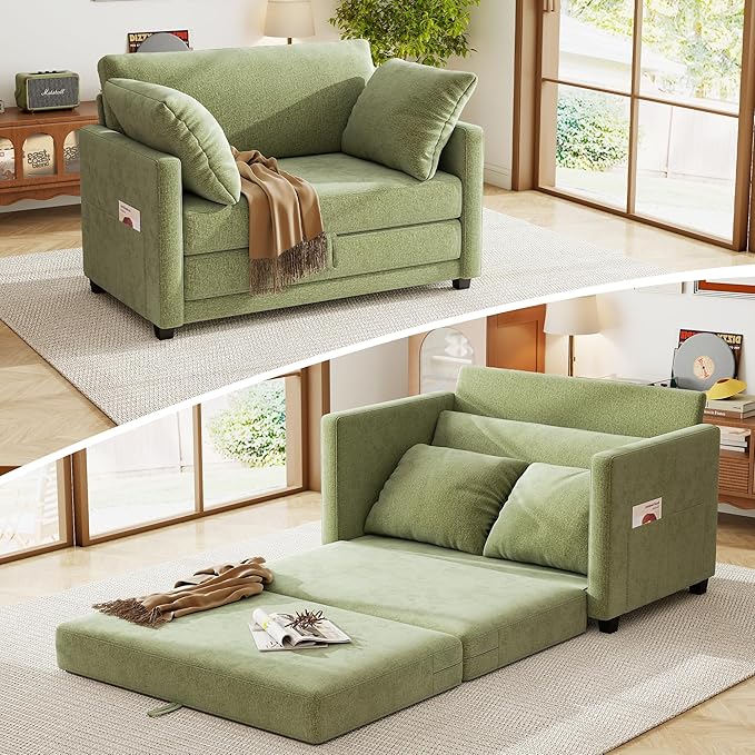 kakuboohi 51" Loveseat Sleeper Sofa Bed, Chenille Convertible Floor Sofa Bed for Small Spaces, Folding Couch Bed with Deep Seat, 2 Pillows & Solid Frame, Pull Out Floor Couch for Living Room, Green