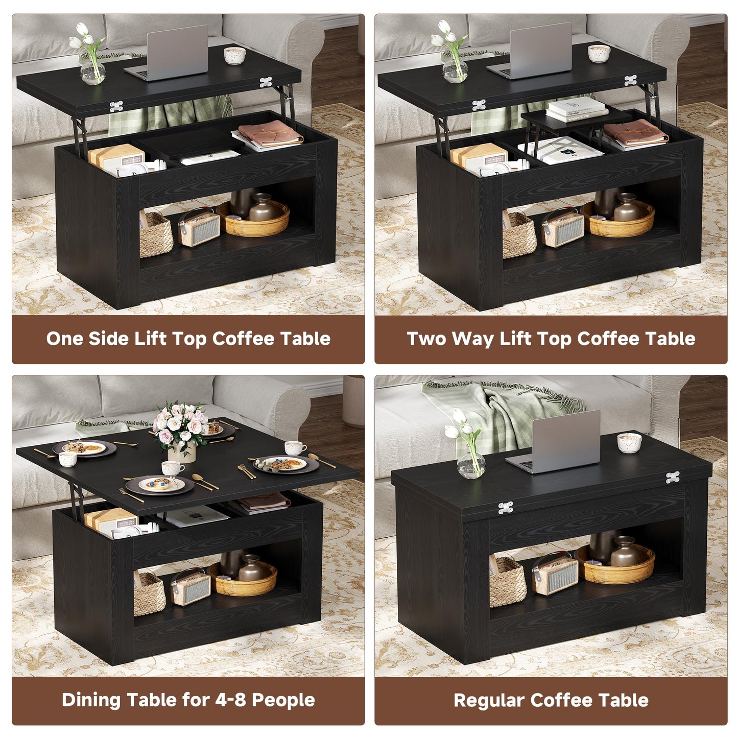 UNIQUITE 40" Lift Top Coffee Table, 4 in 1 Multi-Function Lift Coffee Tables with Storage and Hidden Compartment, Convertible Coffee Table to Dining Table for Living Room, Black