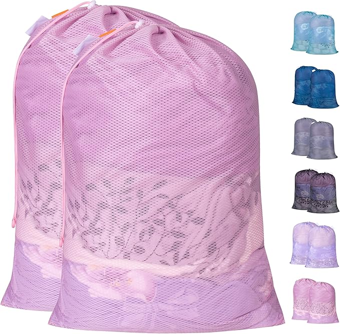 Polecasa Heavy Duty Large Mesh Laundry Bags with ID Tag and Locking Drawstring Closure - 2 Pack, 24 x 36 inches - Laundry Hamper Liner, Washable Laundry Bag for Travel, Sports, Dorms (Pink)