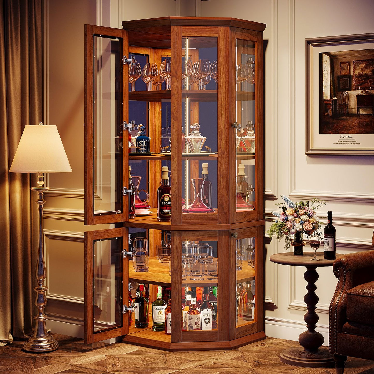 Tribesigns 70.87-Inch Corner Bar Cabinet, Tall Modern Corner Wine Cabinet with Doors & LED Lights, 5-Tier Home Bar Liquor Cabinet for Dining Room, Living Room, Kitchen, Rusitc Brown