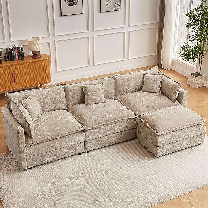 saows Modular Sectional Sofa, 112.2 Inch L Shaped Couch Set with Armrests, 3-Seater Comfy Cloud Couches for Living Room Apartment, Coffee