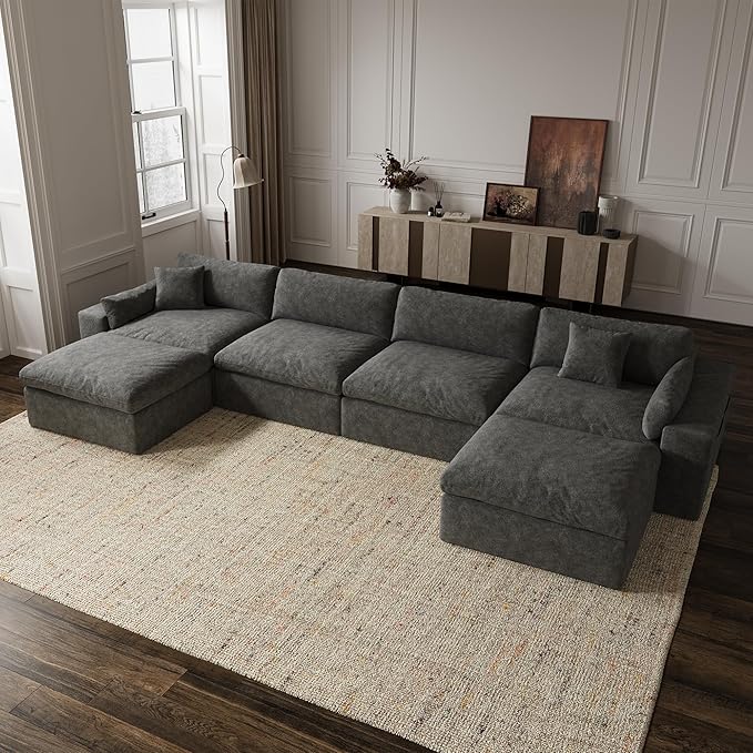 160'' Oversized Boneless Sectional Couches for Living Room, Deepseat Boneless Cloud Modular Sectional Sofa with Ottoman, No Assembly Required L-Shape Cloud Sofa, Plush Fabric, Dark Gray