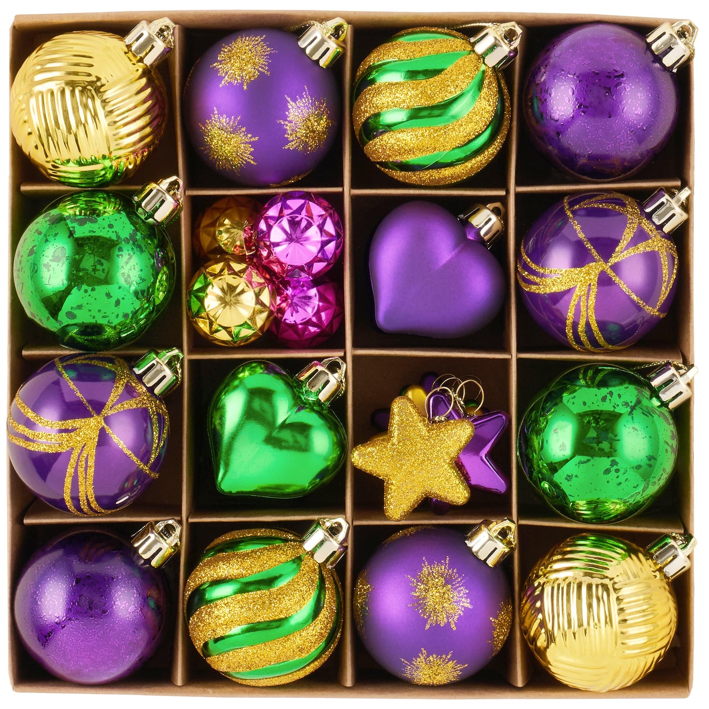Valery Madelyn 28Pcs Halloween Heart Shaped Ornaments Gift Pack, Mardi Gras Craft Painted Tree Heart Decorations, Purple Green Gold Christmas Baubles Hanging Holiday Party Decor