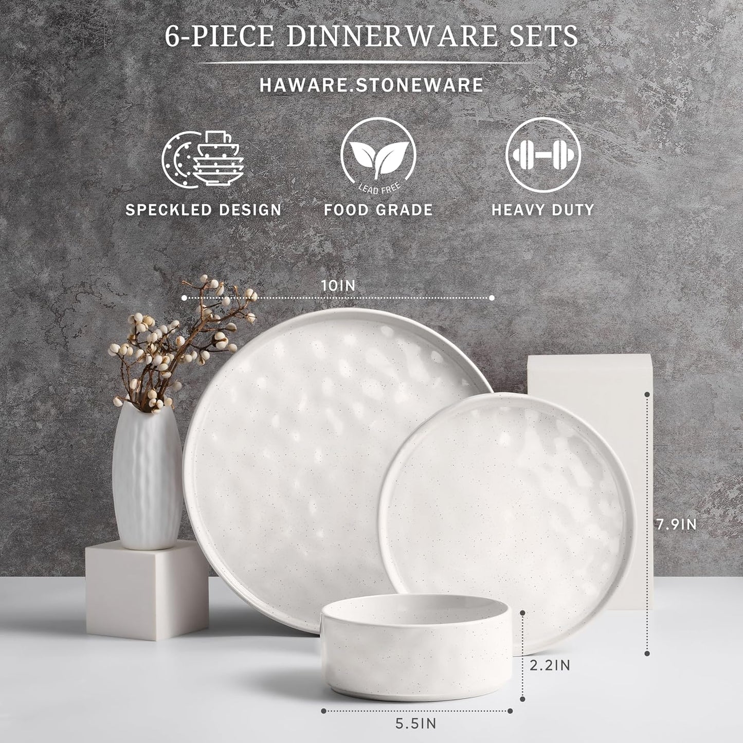 HaWare Dinnerware Sets, 6-Piece Plates and Bowls Set, Stoneware Dish Set for 2, Ceramic Dinnerware for Home Restaurant, Chip and Scratch Resistant, Microwave and Dishwasher Safe, Speckled White