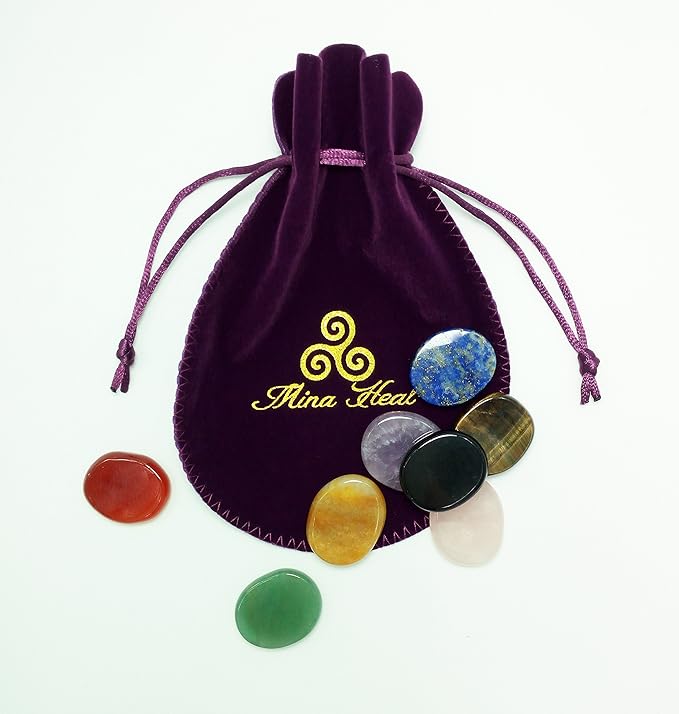 Mina Heal Chakra Stones 8 PCS Kit, Oval Shape, Tumbled & Polished, for Use in Grounding Balancing Soothing Meditation Reiki or as Worry Stones, Hot Spa Rock & Massage