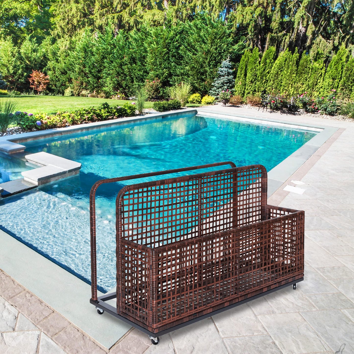 GarveeLife Poolside Float Storage, Outdoor Storage, PE Rattan Outdoor Pool Caddy With Rolling Wheels, Patio Deck Boxes, Storage Box, Pool, Beach-Sturdy,Brown