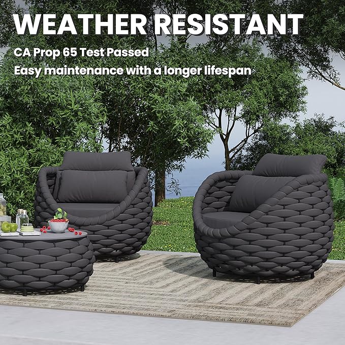 Erotr Deck Furniture Set: 3 Pieces Aluminum Woven Rope Patio Conversation Sofa Set for 2, Comfy Cushions Couch Armchair Table Set Assembled, 400lbs for Porch Balcony Pool Bistro Yard Hotel - Dark Gray