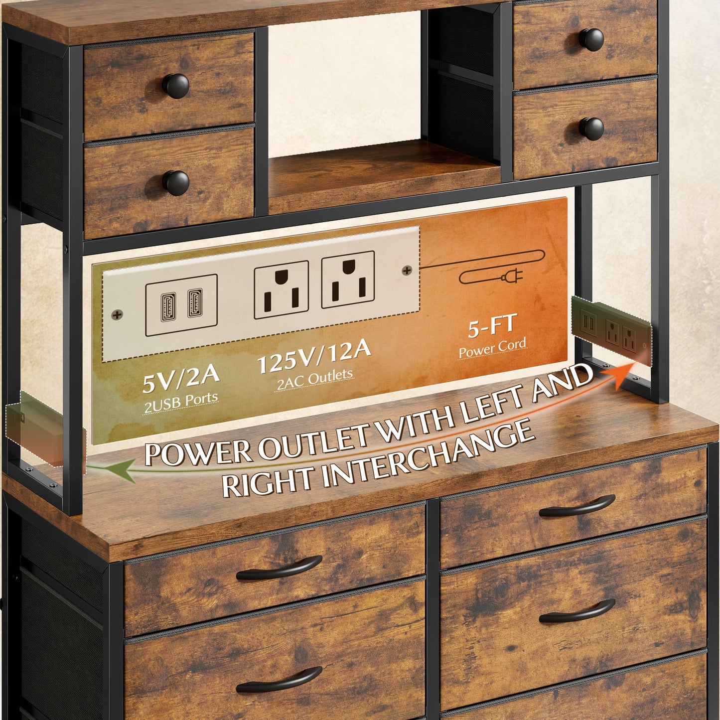 EnHomee Tall Dresser for Bedroom with 14 Storage Drawers,Fabric Dresser with Charging Station and LED Lights,Dressers & Chests of Drawers for Bedroom, Steel Frame & Wooden Top,Rustic Brown