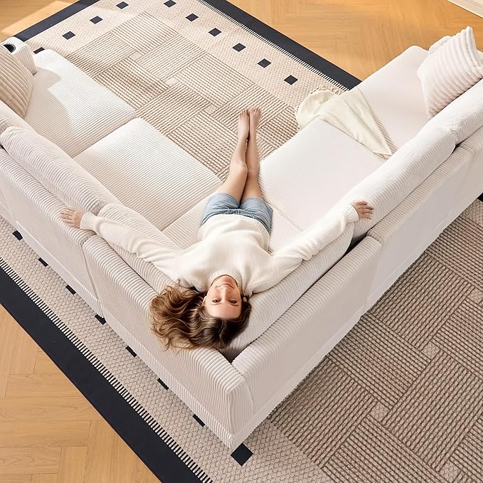90 Inch Sectional Sleeper Sofa with Deep Seat, White Cloud Modular Couch with Storage Ottoman & USB Ports, Convertible U-Shape L-Shape Sectional for Living Room (White, 5 Seat + 1 Ottoman)
