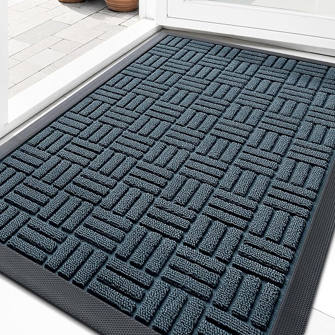 OLANLY Front Door Mat Outside Entrance 35x23, Absorbent, Heavy Duty Sturdy Natural Rubber Doormat Indoor Outdoor, Non-Slip, Stain and Fade Resistant, Low Profile Floor Mat for Entryway, Lake Blue