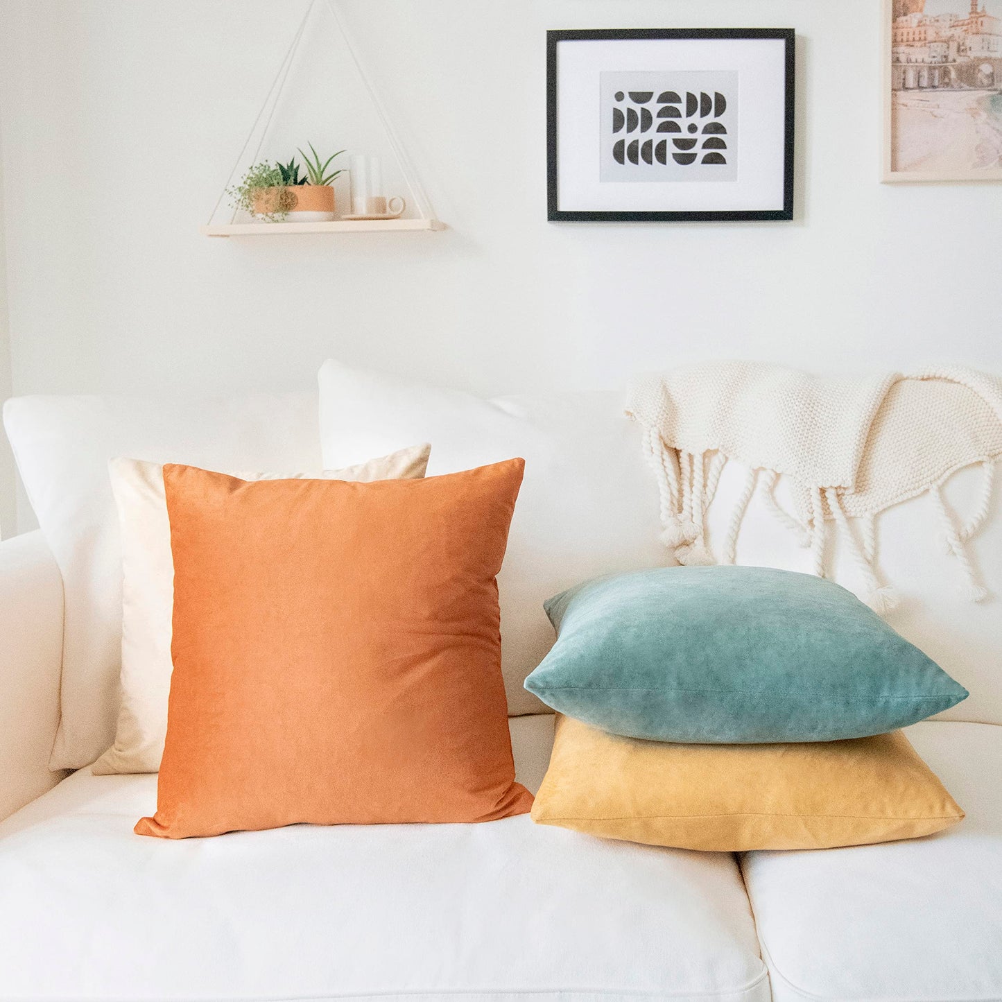 MONDAY MOOSE Decorative Throw Pillow Covers Cushion Cases, Set of 4 Soft Velvet Modern Designs, Mix and Match for Home Decor, Pillow Inserts Not Included (18x18 inch, Orange/Teal)