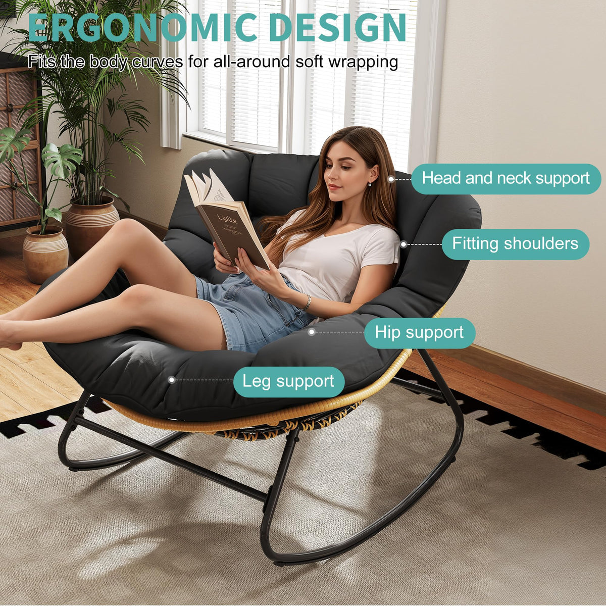 Fancyango Oversized Rocking Chair Outdoor/Indoor - 450lbs Weight Capacity, Wicker Rattan Egg Lounge Chair with Cushion, All-Weather Patio Rocker for Porch, Garden, Balcony, Yellow-Black
