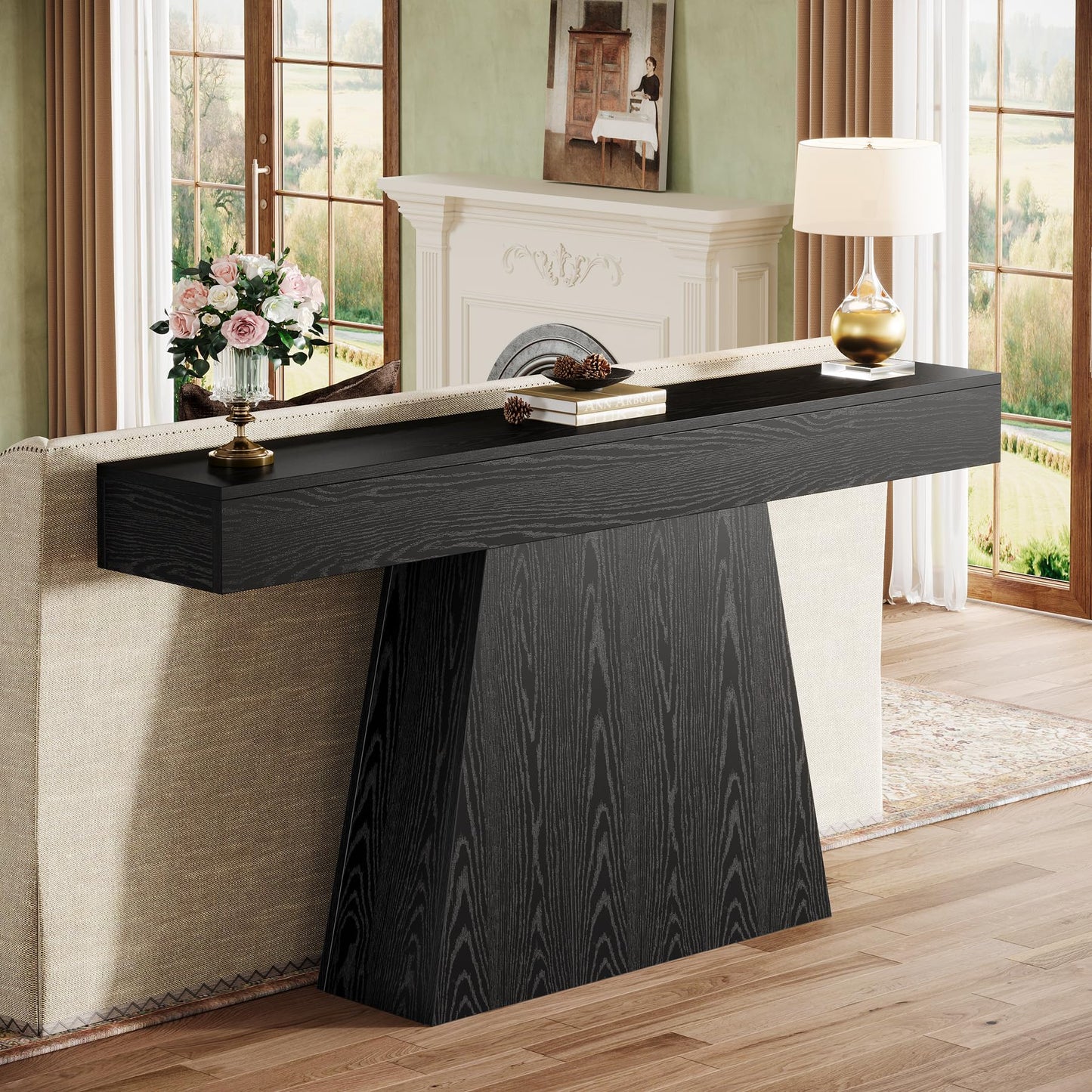 Tribesigns 63" Black Console Table, Farmhouse Entryway Table with Trapezoidal Base, Narrow Long Sofa Table Behind Couch Table for Entrance, Hallway, Living Room, Black