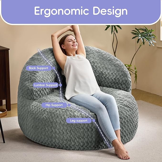 Hobestluk Bean Bag Chair Giant Bean Bag Chairs for Adults Big Bean Bag Chair with Memory Foam Filler Adults Large Beanbag with Faux Fur Cover for Bedroom (Chevron Grey,Oversize)