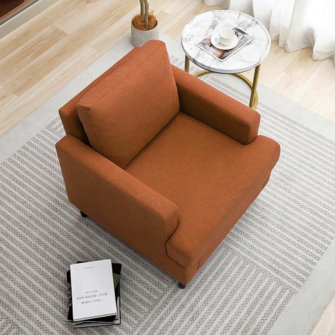 Weture Mid-Century Accent Chair,Modern Linen Fabric Armchair for Living Room,Comfy Upholstered Reading Accent Chairs for Bedroom,Single Sofa Chair with Wood Legs (Orange, 1 Pack)