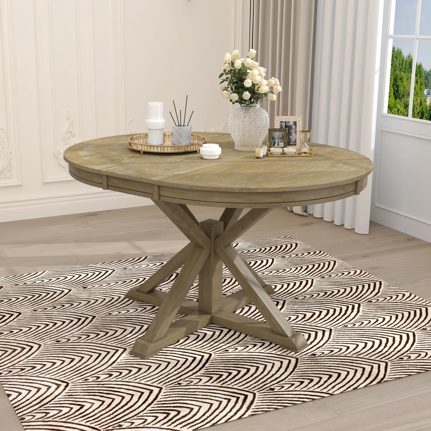 GDFStudio 42"-54" Farmhouse Extendable Dining Table for 4-6 with 12" Butterfly Leaf Round-to-Oval Top Cross-Base Legs, Kitchen & Dining Room Table, 300 lb Capacity, Space-Saving, Natural Wood Wash