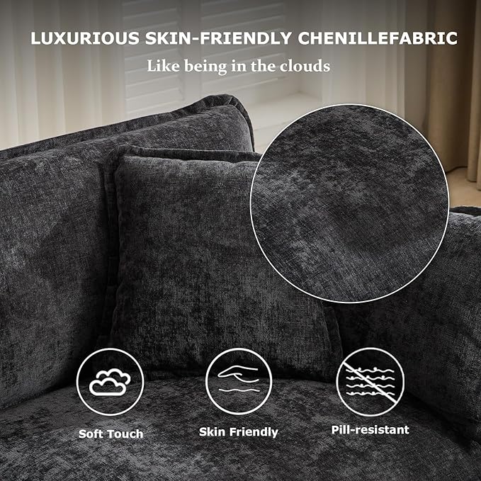 SoarFlash 113.78" Chenille Sectional Sofa, Comfy U Shaped Modular Coush Sofa with Ottoman, Modern 4 Seat Couch Deep Seat Sofa Set for Living Room,Black
