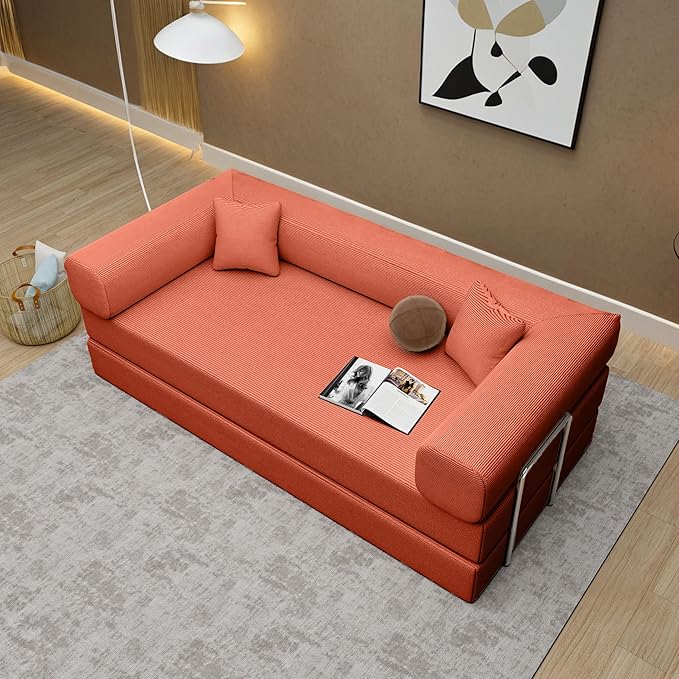 Convertible Couch Sofa Bed Foldable Floor Sleeper | All High-Density 35D Foam | Fold Out Deep Seat Couch | King Size | Compression Sofa Sleeper for Living Room, Bedroom | Corduroy Orange