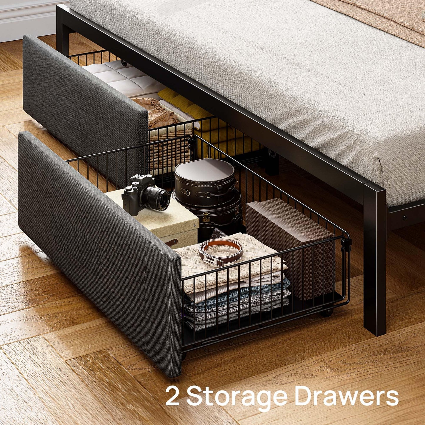 Rolanstar Queen Bed Frame with Ergonomic Headboard Storage & Charging Station, Upholstered Platform Bed with LED Light & Drawer, Heavy Duty Metal Slats, Noise Free, No Box Spring Needed, Grey