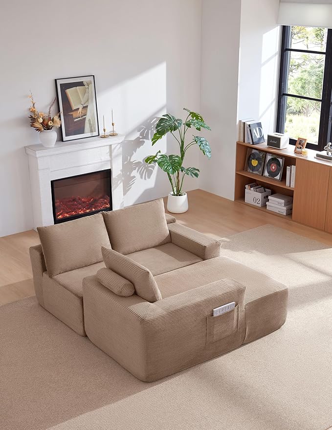 Vanress 97" Cloud Couch Sectional, Corduroy Boneless Couch with L-Shape Chaise,Modern Modular Sectional Sofa Comfy Deep Seat for Living Room, Bedroom, No Assembly (Camel, Left Facing Chaise)