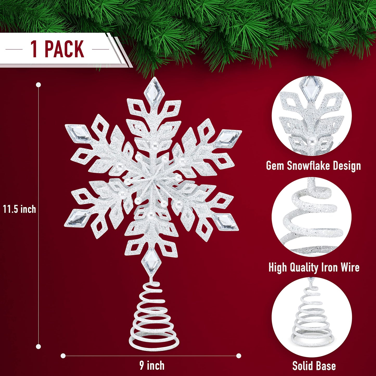 Ornativity Glitter Snowflake Tree Topper - White Sparkling Jewel Snow Flake Christmas Decor Tree Top Xmas Holiday Decoration with Gem Design 11.5"