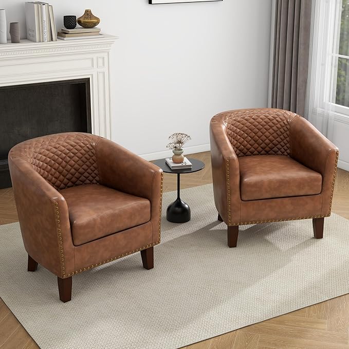 UIXE PU Leather Barrel Accent Chairs Set of 2, Modern Upholstered Armchair Round Club Chair for Living Room, Comfy Nailed Trim Arm Chair Bedroom Side Reading Seat - Brown