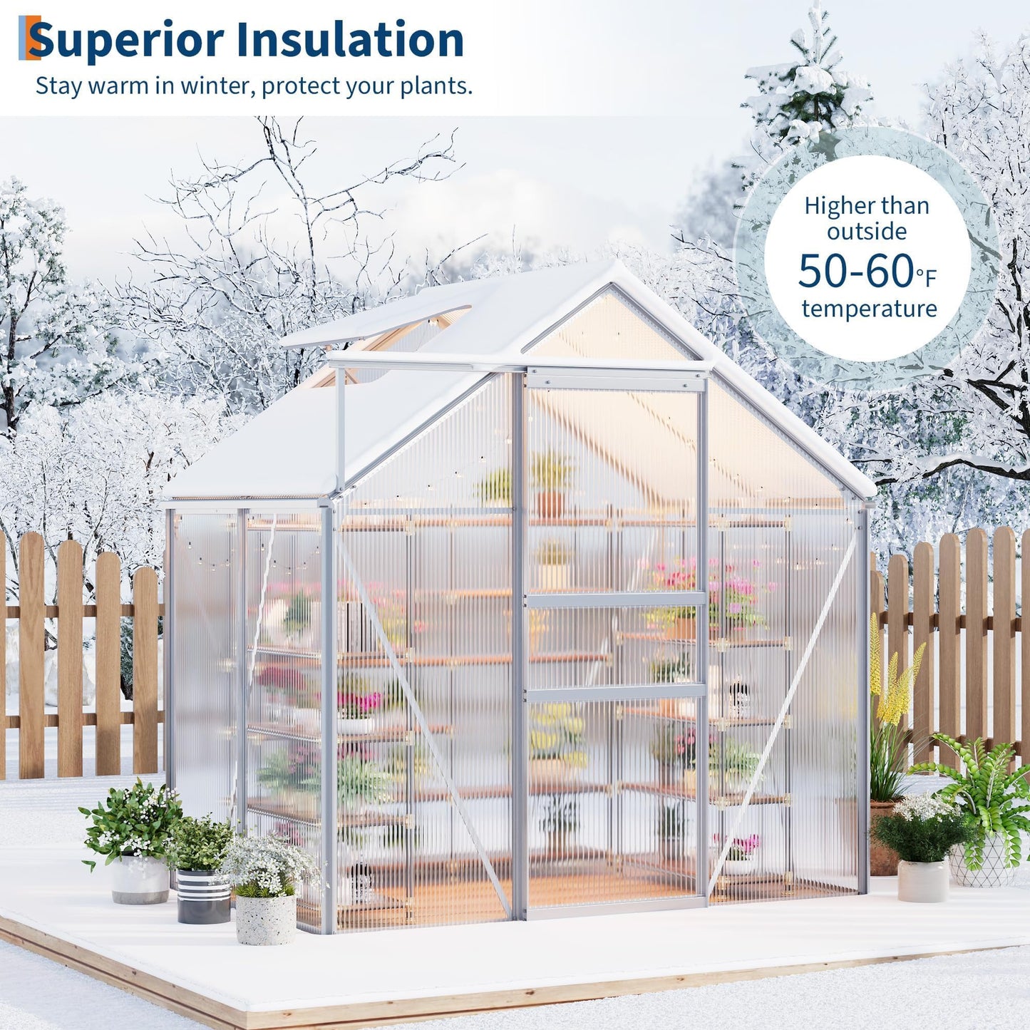 GarveeHome 6x4FT Greenhouse, Small Walk-in Polycarbonate Greenhouse with Adjustable Vent Window, Sliding Door, Portable Green House Kit for Outdoors, Winter