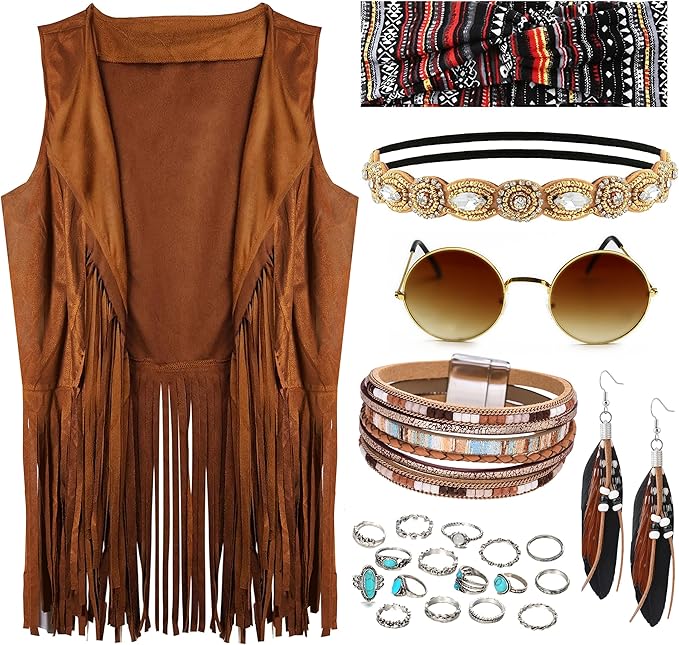 FEYIR 60s 70s Outfit for Women Hippy Accessories Fringe Hippie Vest Clothes for Halloween Disco Party Hippie Costume Set