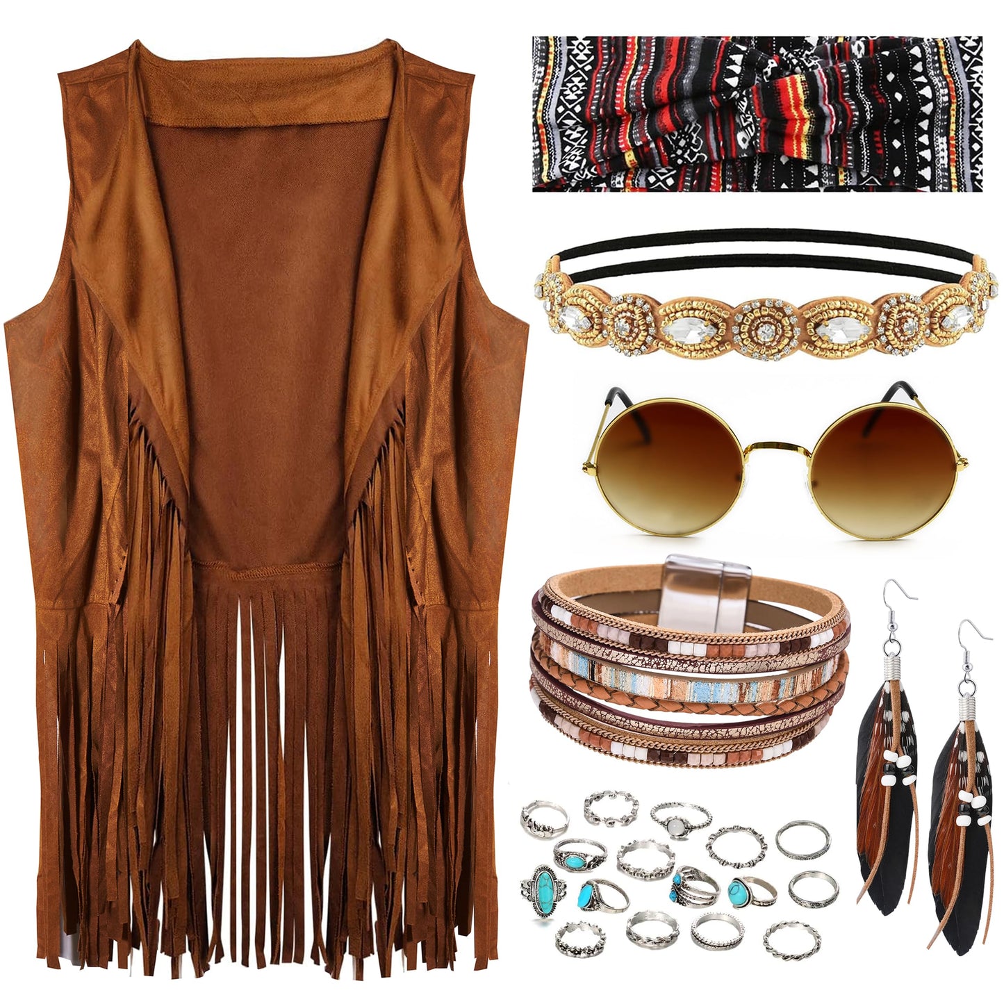 FEYIR 60s 70s Outfit for Women Hippy Accessories Fringe Hippie Vest Clothes for Halloween Disco Party Hippie Costume Set Brown