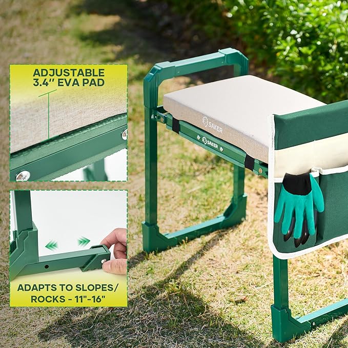 Saker Garden Kneeler and Seat Foldable Gardening Stool with Extendable Legs & Thickened Pad, Tool, Heavy Duty Support for Elderly, Gardening, Outdoor Use