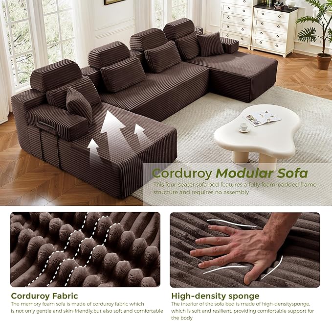 141" U-Shaped Cloud Modular Sectional Sofa with Chaise & Headrest, Boneless Deep Seat Plush Corduroy Couches for Large Living Room, No Assembly Required (Brown, 141" U-shapred Chaise)