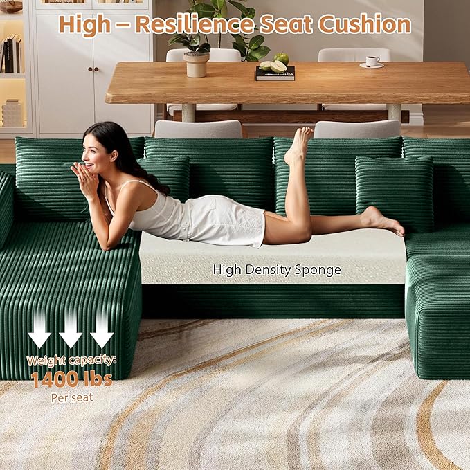 Fancyfire 134.6" Cloud Modular Sectional Couch with Chaise and Pillows,Ultimate Comfort U-Shaped Deep Seat Sofa,Boneless Couch Upholstered 3-Seater Sofas for Living Room, No Assembly Required(Green)
