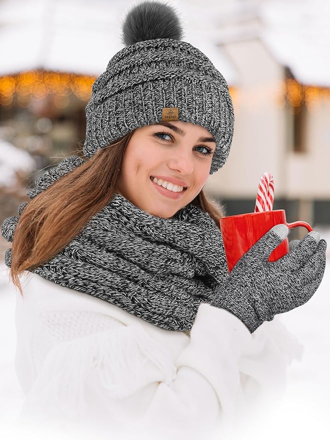 URATOT 4-In-1 Winter Warm Sets Knitted Scarf Touch Screen Gloves Beanie Pompom Hat and Winter Ear Warmer for Men or Women