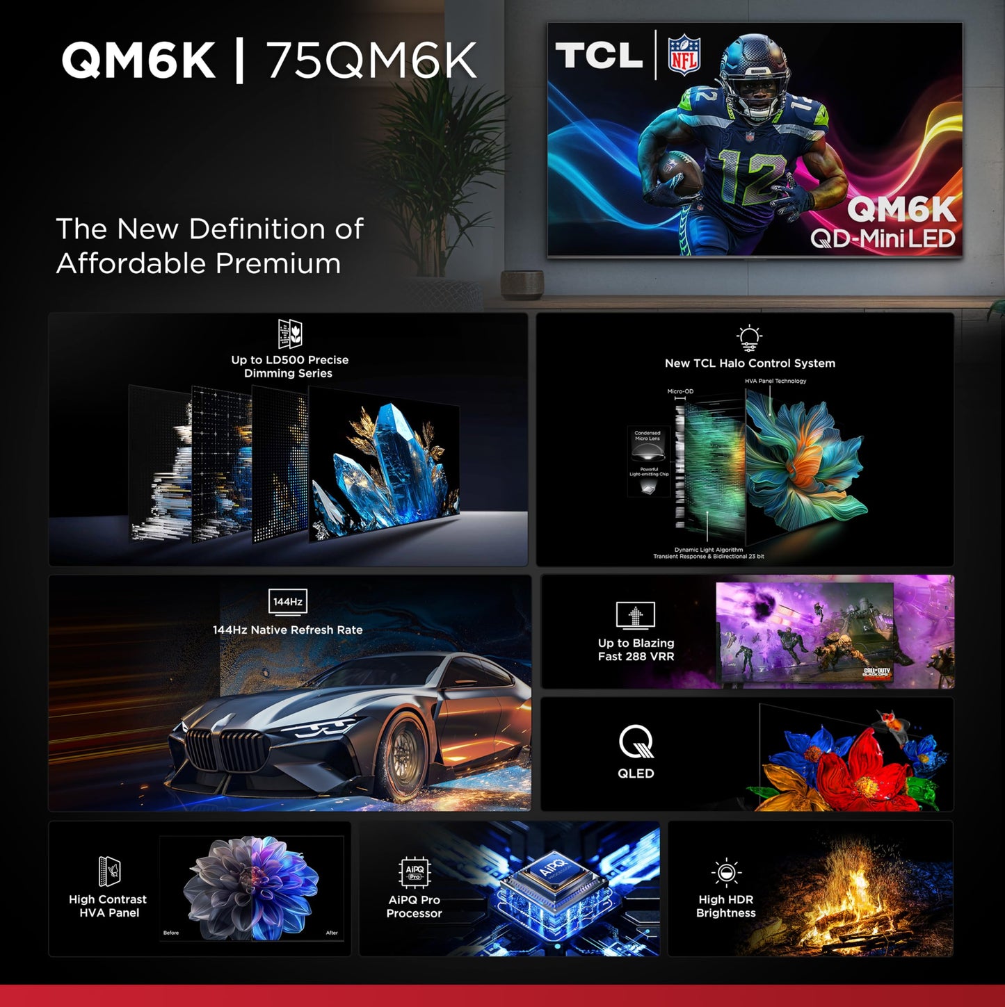 TCL 75 Inch Class QM6K Series | Mini LED QLED 4K HDR | 75QM6K, 2025 Model | 120HZ-144HZ High Brightness Smart Google TV Dolby Atmos Onkyo Audio | Voice Remote Alexa Gaming Streaming Television