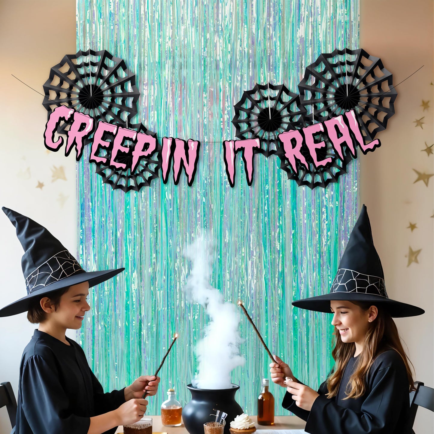 Cheerland Cyan Summerween Spider Web Backdrop Banner Party Decorations Pastel Foil Neon Curtain Streamers Cobweb Paper Fans Photobooth Background for Halloween Birthday Witch Cosplay Party Supplies