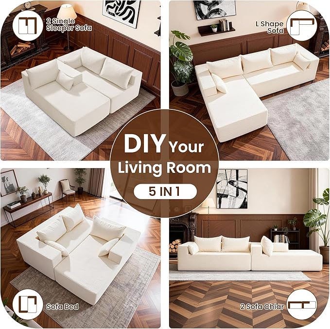 106" Cloud Sectional Boneless Couches for Living Room, Modular L Shaped Couch with Deep Seat Oversized Left Facing Chaise, Memory Foam Compressed Spineless 3 Seater Sofa for Bedroom Apartment, Beige