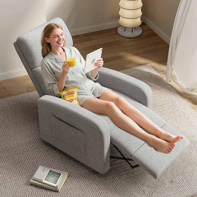 GarveeHome Linen Fabric Manual Recliner Chair, with Side Pocket, High Backrest, Thick Cushion, Adjustable Push Back Recliner,Lazy Lounge Chair for Living Room, Home Theater, Bedroom, Gray