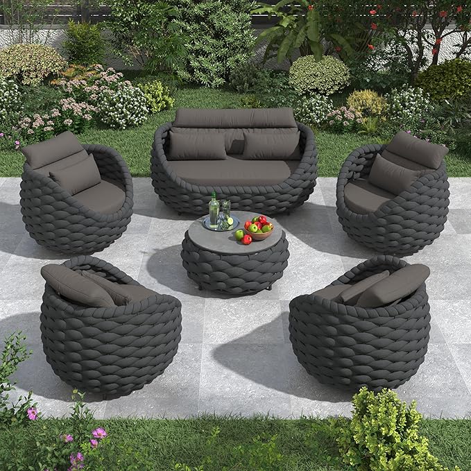 Erotr Cushioned Outdoor Patio Furniture Set: 6 Pieces Aluminum Porch Conversation Sofa Set - Modern Hand Woven Rope Deck Couch Set - Assembled All Weather for 661lbs Garden Yard Pool Hotel, Dark Gray