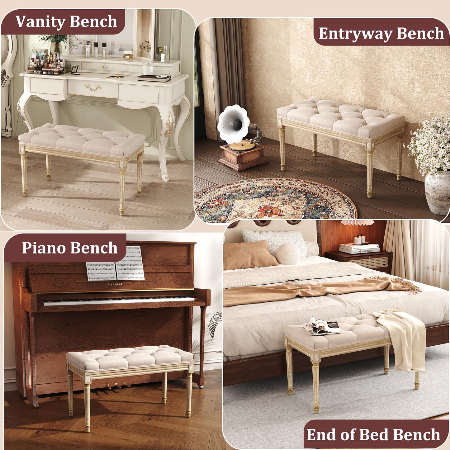 Yusong Upholstered Bench,Bedroom Bench for End of Bed,Piano Bench Dining Bench Entryway Shoe Bench with Button Tufted Padded Seat for Living Room, Vanity Bench Foot-Stool with Carved Wood Legs,Beige